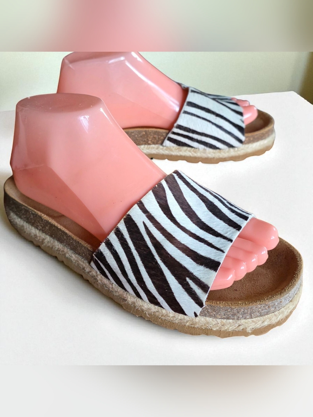 YOKONA ( 7.5 ) ZEBRA Print Leather/Fur Slip In Sandals Comfort Sole